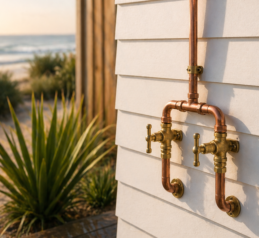 Copper piping and brass fittings close up