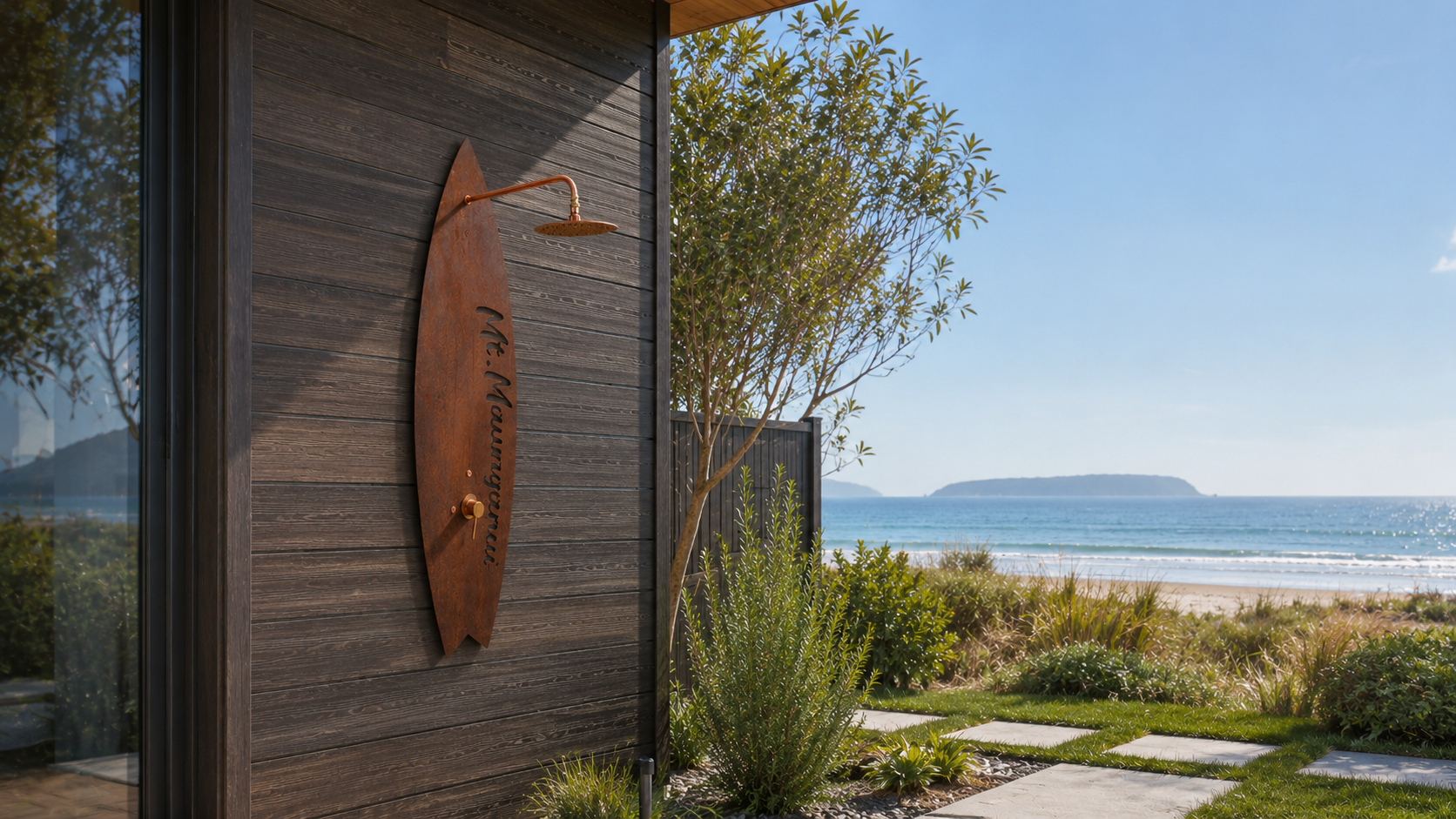 Custom laser cut Papamoa outdoor shower
