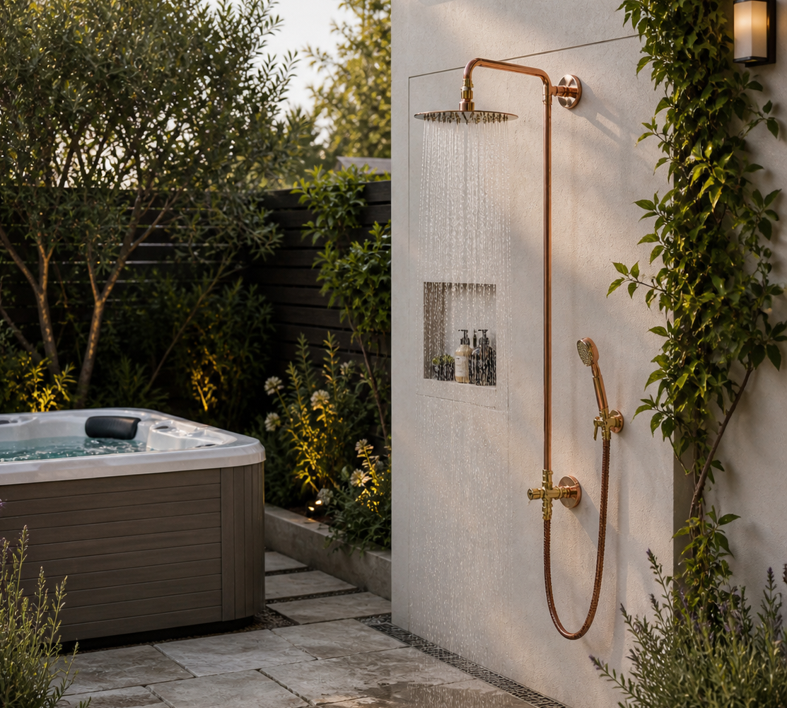 Outdoor shower with water running in a sunny outdoor space