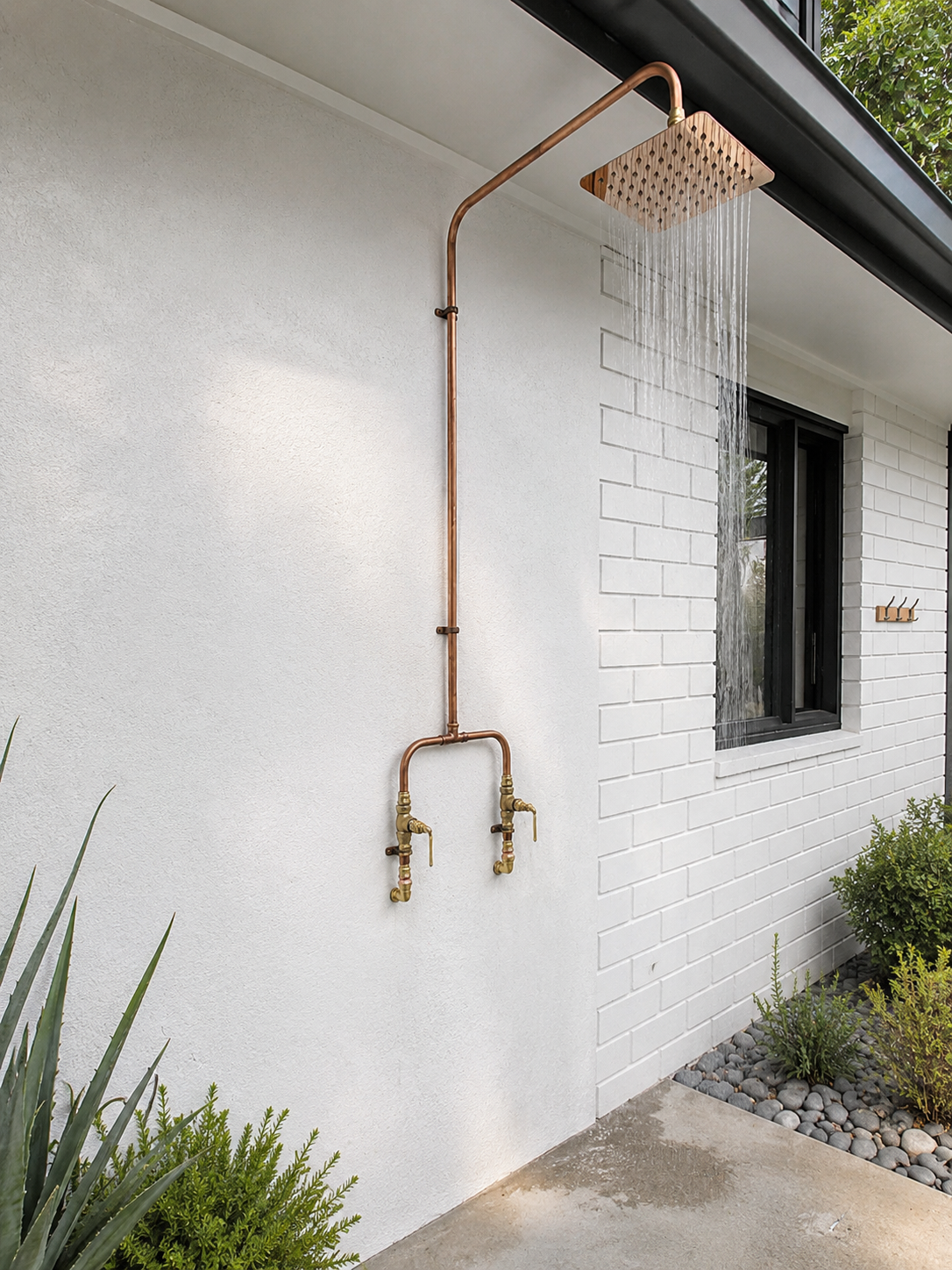 Exposed copper outdoor shower