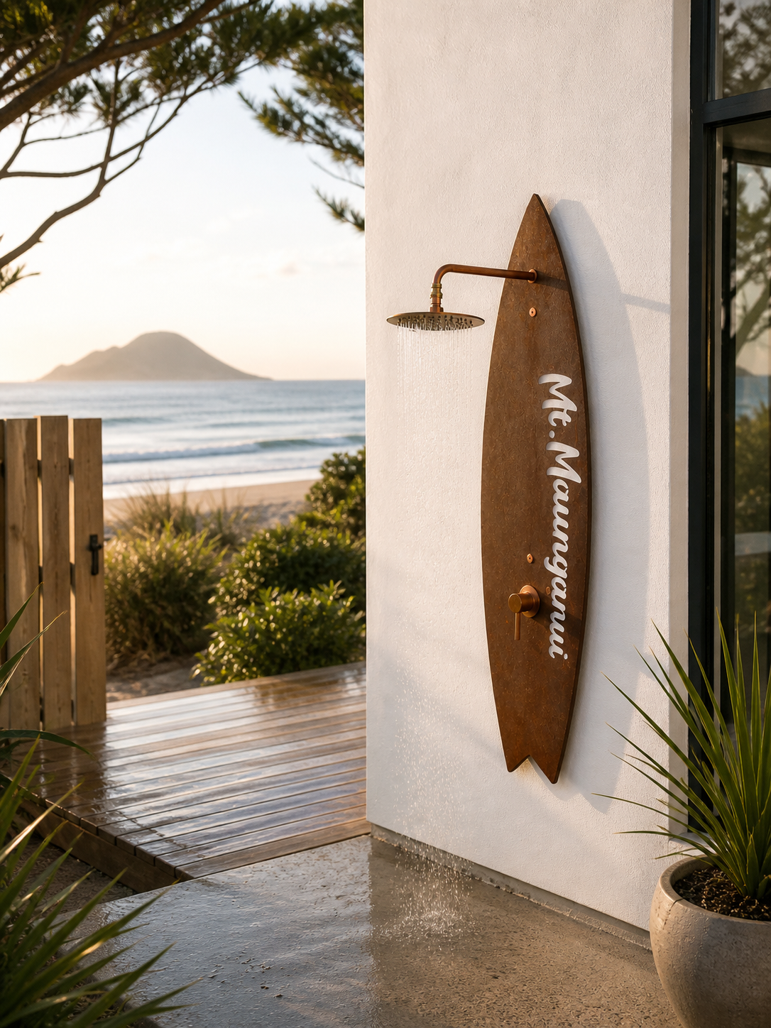 Washout copper outdoor shower installed against a timber panel